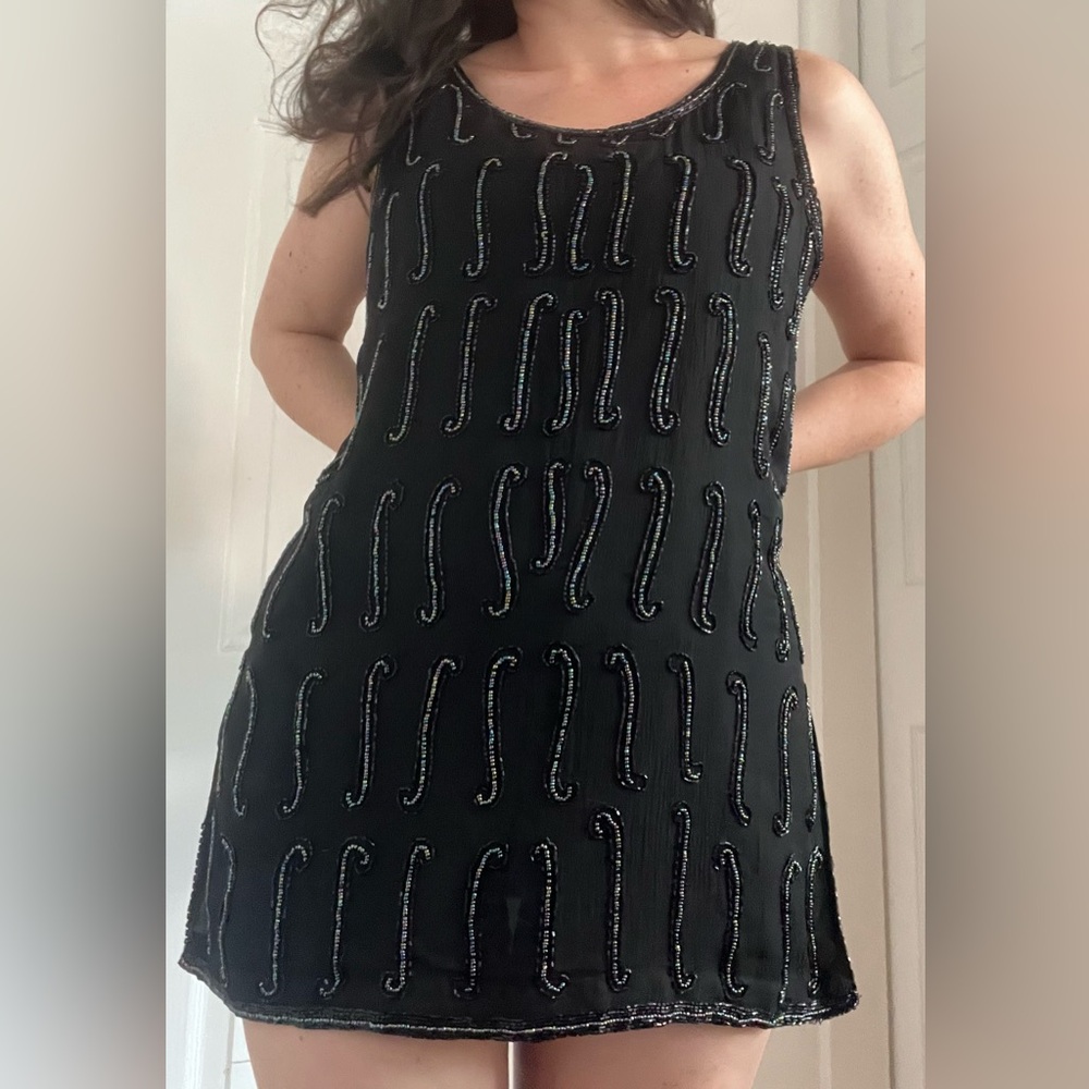 100% Silk Black Beaded Tunic Tank Top
